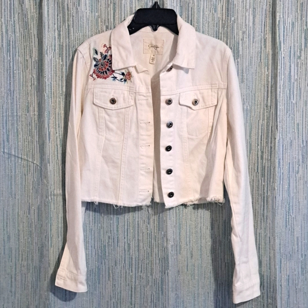 Jessica Simpson Cropped Jean Jacket with Floral Embroidery